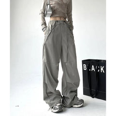 Women's Grey Drawstring Cargo Pants Fashion Y2k High Waist Pocket Straight Pants