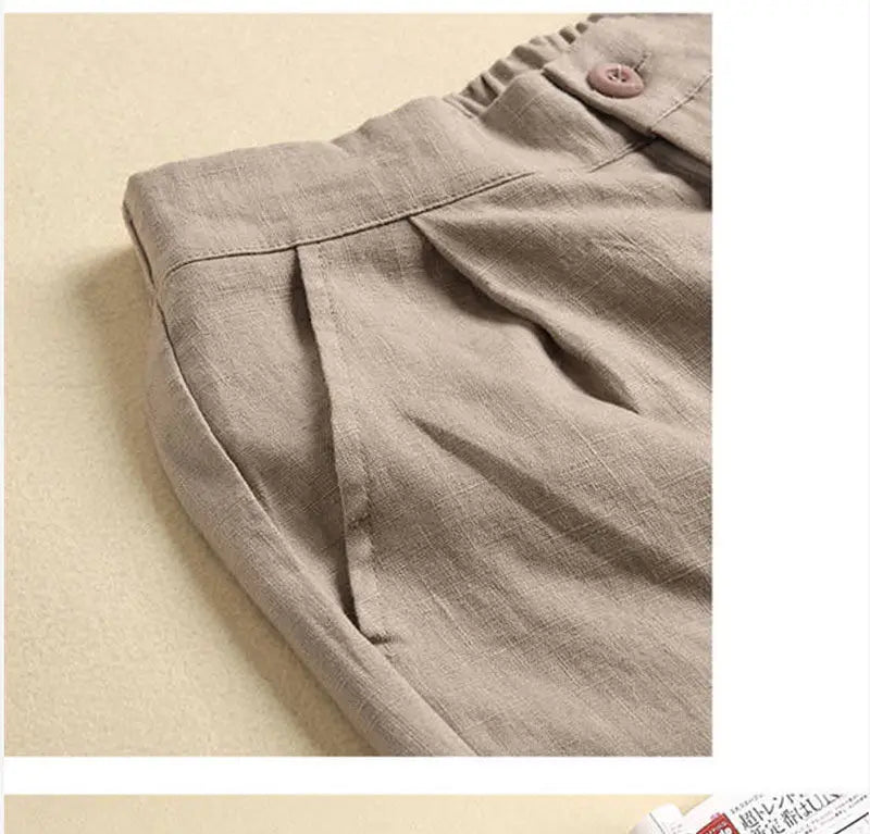 Khaki Solid Casual Linen Cotton Elastic High Waist Wide Leg Button Loose Women's Shorts Korean Fashion Summer Shorts Women 2024