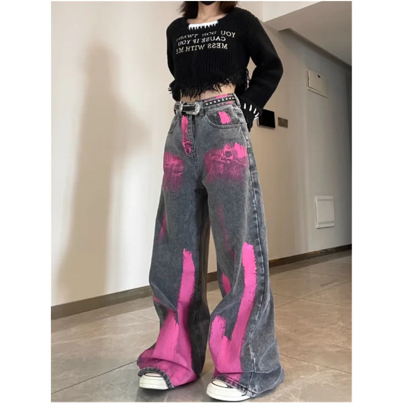 Black Grey High Waist Women Jeans Hip-hop Style Fashion Vintage Streetwear
