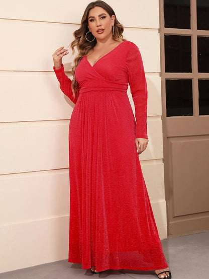 Plus Size New Arrival Long Sleeve V Neck Mesh Evening Party Formal Dresses For Women