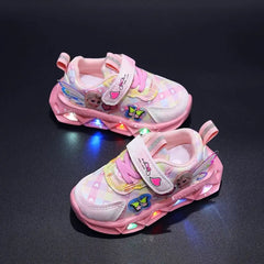 Disney LED Casual Sneakers For Spring Girls Frozen Elsa Princess Print Pu Leather Shoes