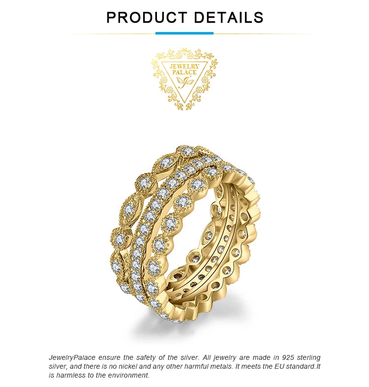 JewelryPalace 3 Pcs 925 Sterling Silver Yellow Rose Gold Band Ring Set Women