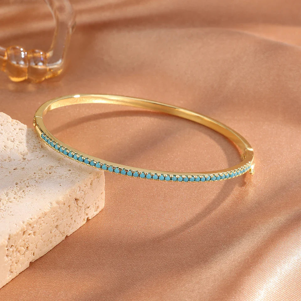 Yupsk 1Pcs Gypsophila Turquoise Zircon Thin Bracelet for Women Minimalist Fashion Shiny CZ Bangle Wedding Party Jewelry Gift