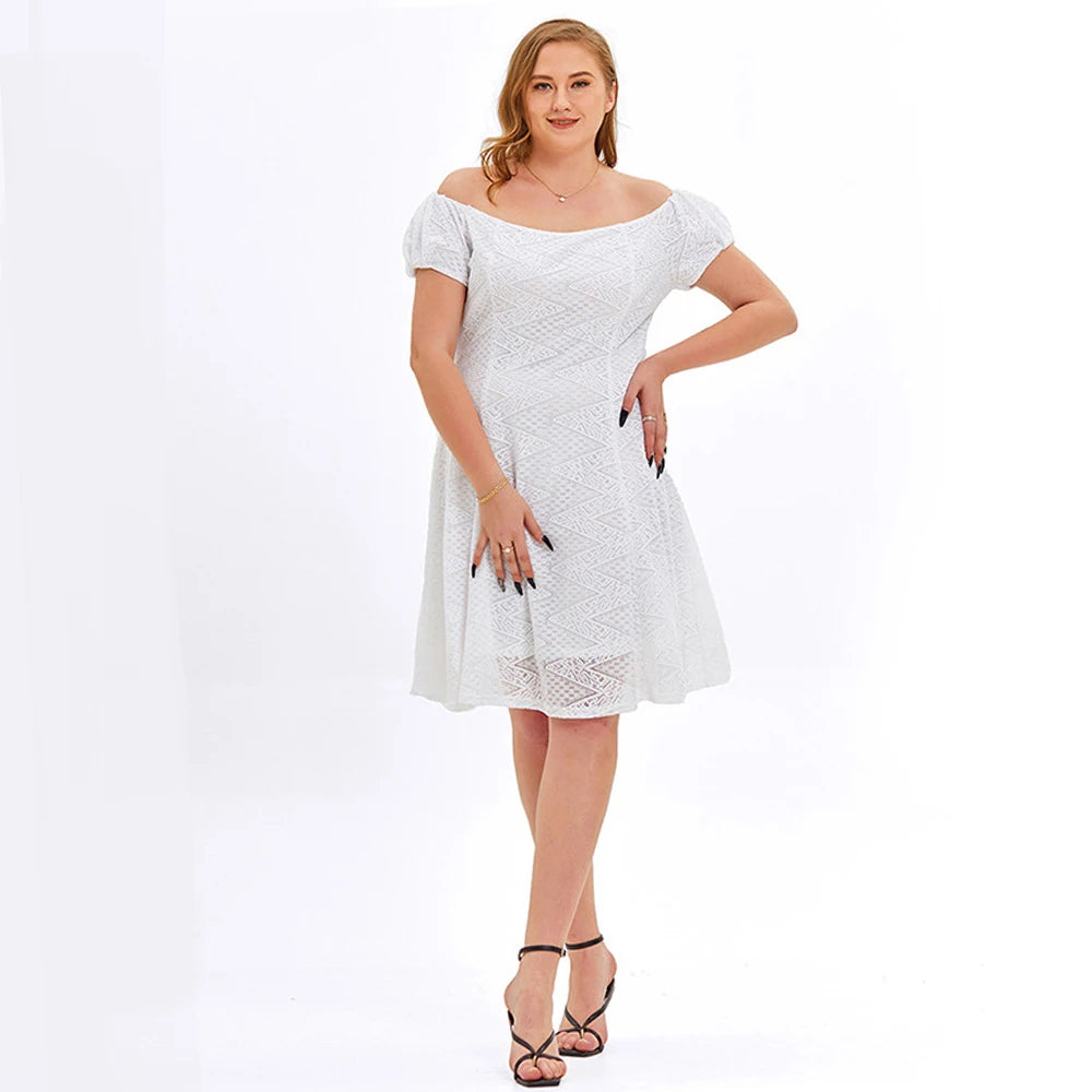 2022 Summer Plus Size Sweet Elegant Lace Evening Dresss Women Slash Neck Slim Off Shoulder Sexy White Wedding Prom Midi Dresses