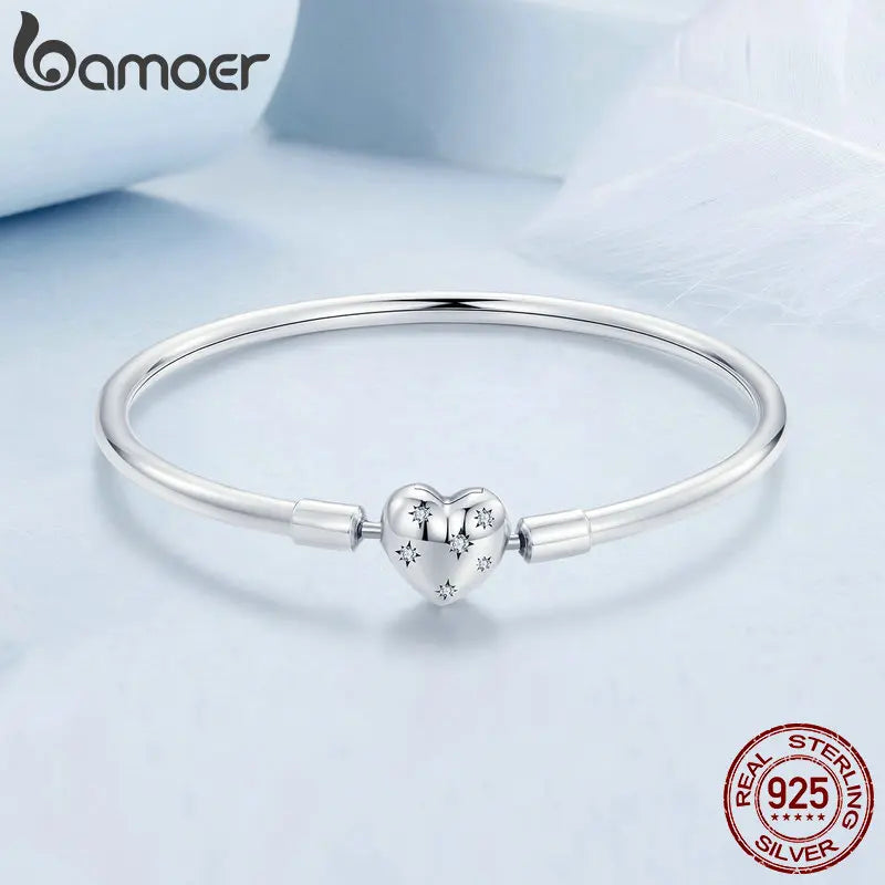 BAMOER Genuine 925 Sterling Silver Charm Glossy Bracelet Heart/Shell Clasp Basic Bangle Star Spacer Beads for Women DIY Jewelry