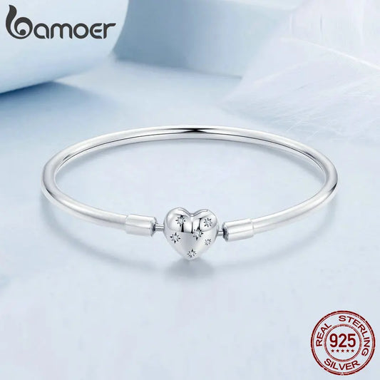 BAMOER Genuine 925 Sterling Silver Charm Glossy Bracelet Heart/Shell Clasp Basic Bangle Star Spacer Beads for Women DIY Jewelry