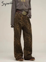 Leopard Print Y2k Jeans Women Oversized Wide Leg Denim Trousers