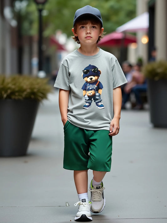 Summer Boys' Cool Casual Cartoon Bear Print T-Shirt & Green Knit Shorts 2-Piece Outfit Set