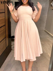 Women Wedding Dress Backless Solid Buttons Midi Vestidos Summer Short Sleeve