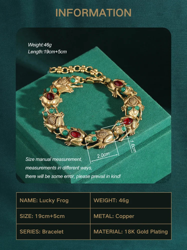Vintage Adjustable Frog Charm Bracelet with Natural Stone Eyes - 18K Gold Plated Unique Jewelry for Women