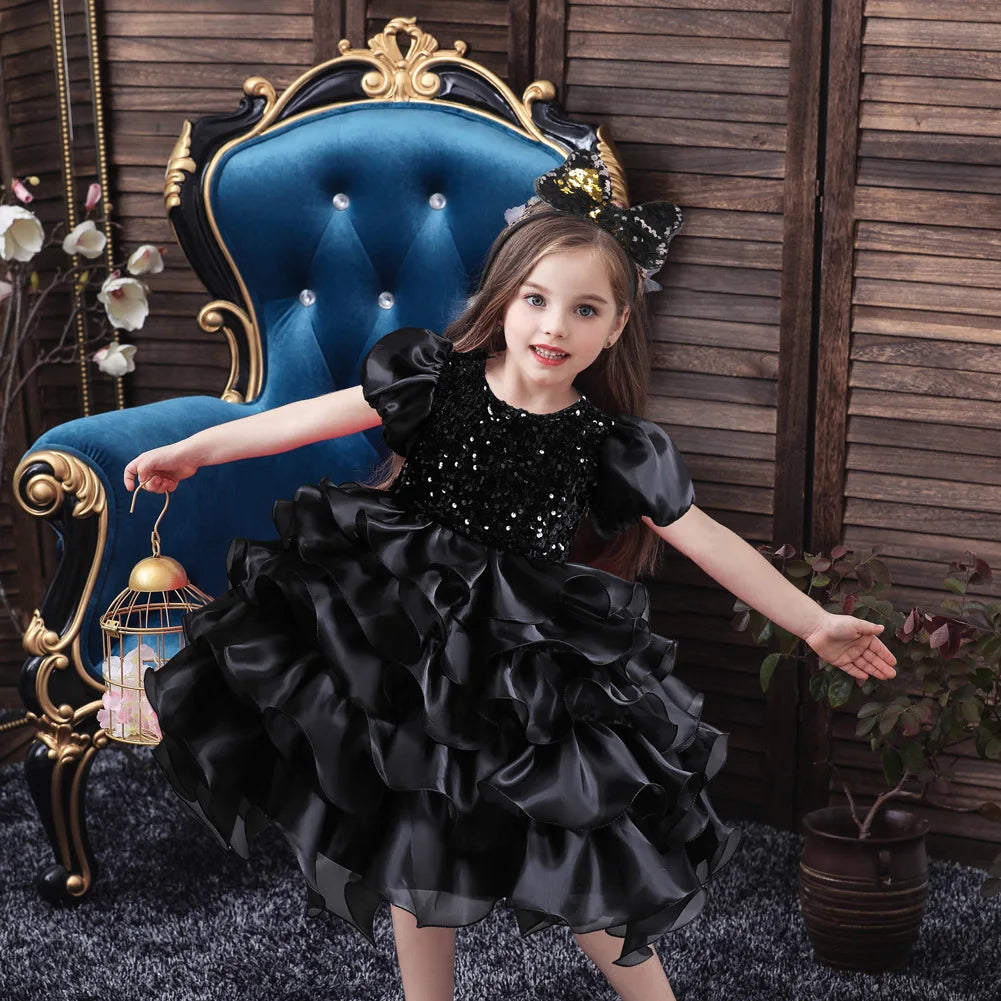 Little Girls Sequined Party Ball Dress With Big Bow Headband, Kids Special Party Prom Dress, Dance Performance Dress Princess Dr