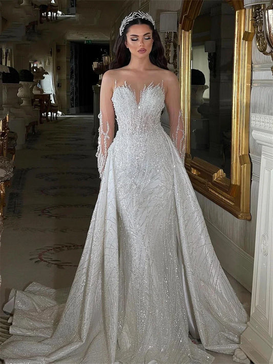 White Bridesmaid Dresses: Bride Dresses 2 in 1 Embroidery Wedding Dress With Illusion