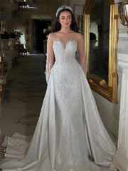 Bride Dresses 2 in 1 Embroidery Wedding Dress With Illusion Long Sleeve