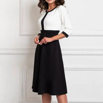 Women Elegant Patchwork Black and White Party Dress 2023 Autumn Plus Size Dresses Ladies Chic Seven Sleeve Evening Dress