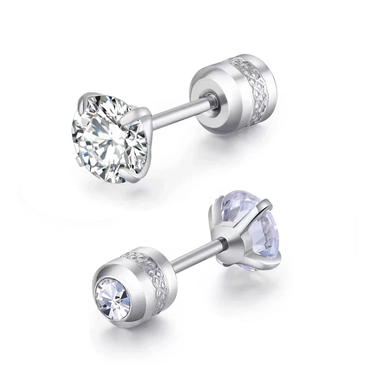 Stainless Steel 5 Style CZ Zircon Silver Color Earrings For Women Men Crystal Screw Titanium Alloy Ear Studs Round Beads Jewelry