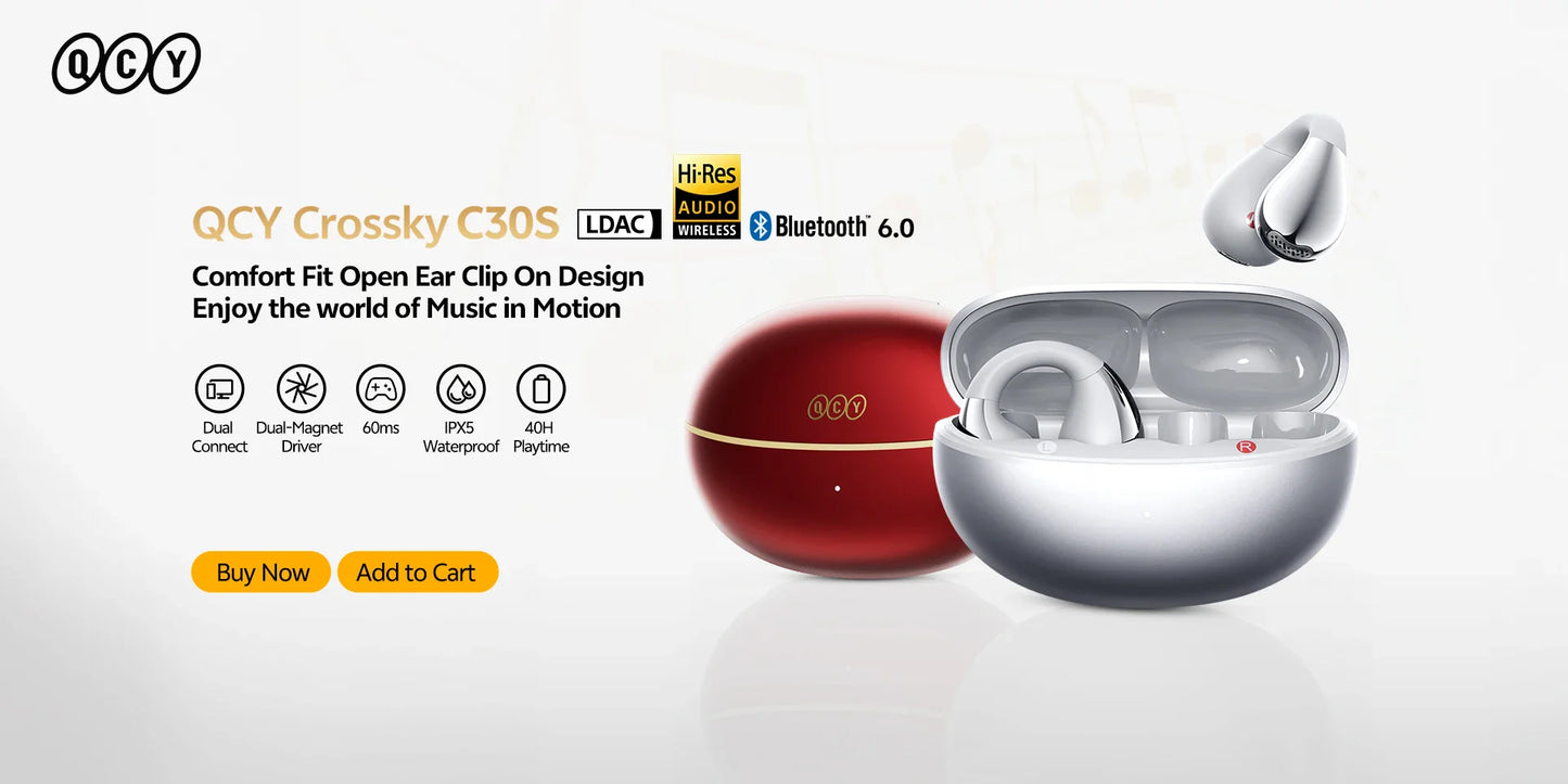 QCY Crossky C30S Open Ear Wireless Earphones Hi-Res with LDAC Ear Clip Earbuds Bluetooth 6.0 Clip On OWS Sports Headphones 40Hrs