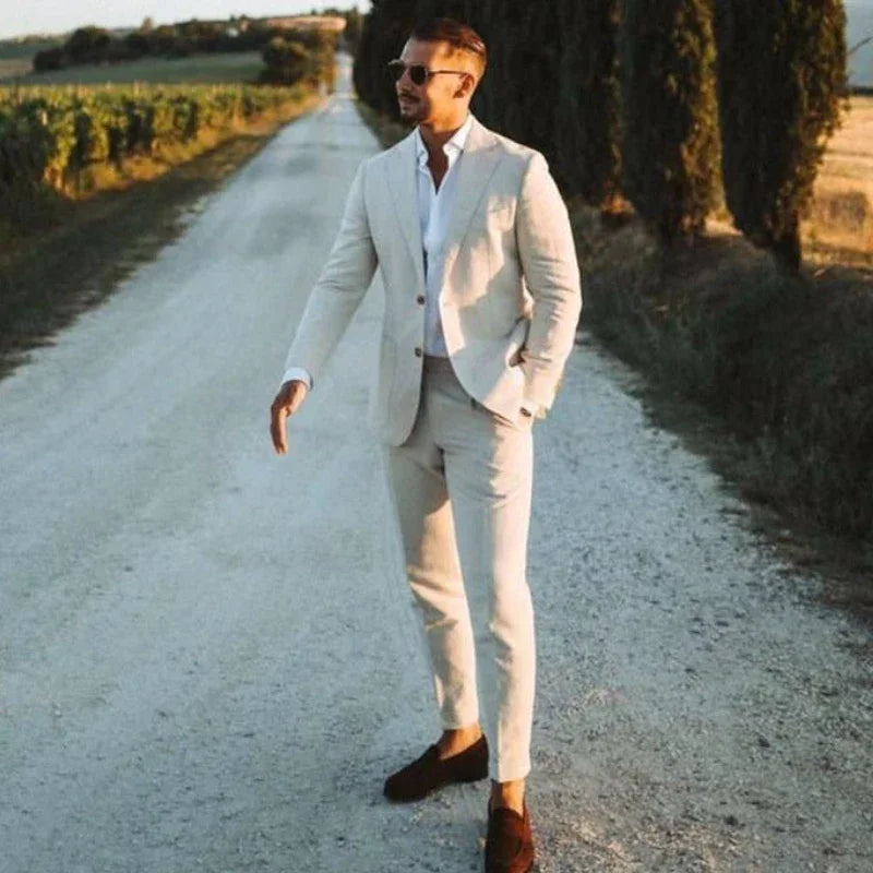 Beach Wedding Outfit Men: Linen Wedding Tuxedo Slim Fit Men Suit Notched Lapel