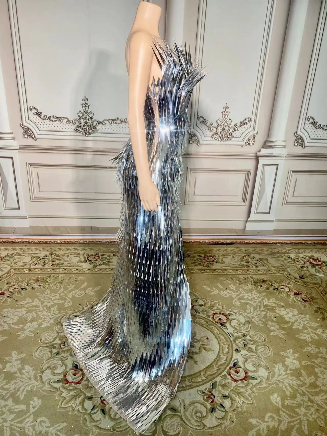 Evening Dresses for Women: Silver Sequin Deep V Neck Mermaid Evening