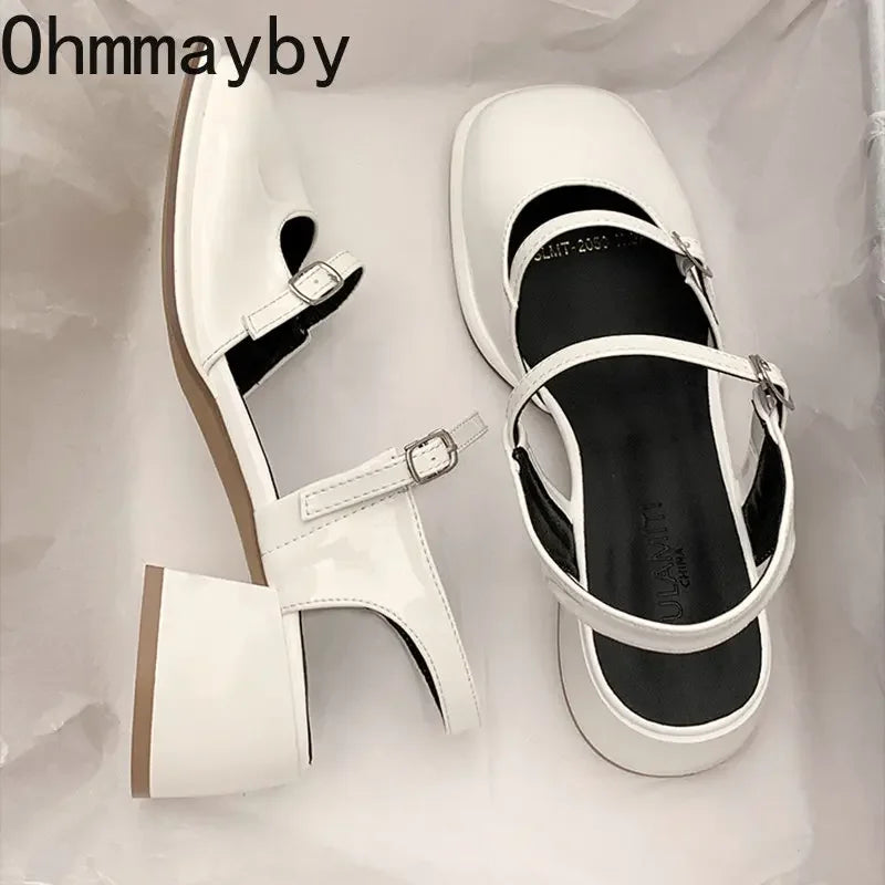 New Mary Jane Shoes Buckle Pumps Women Thick Heels Elegant Shallow Square Toe Footwear Fashion Outdoor Lady Shoes