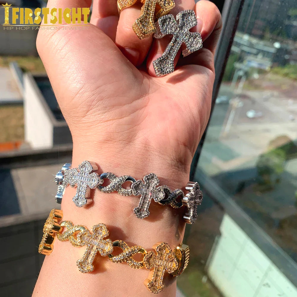 New Iced Out Cross Infinity Charm Bracelet Micro Paved Cubic Zirconia Cuban Chain For Women Men Hip Hop Rapper Jewelry