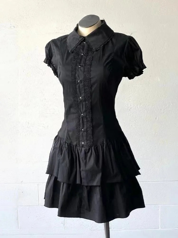 Summer French Elegant Bow Dress Women Gothic Black Vintage Mini Dress Sweet Fashion Off Shoulder Slim Fit Chic Party Outfits New