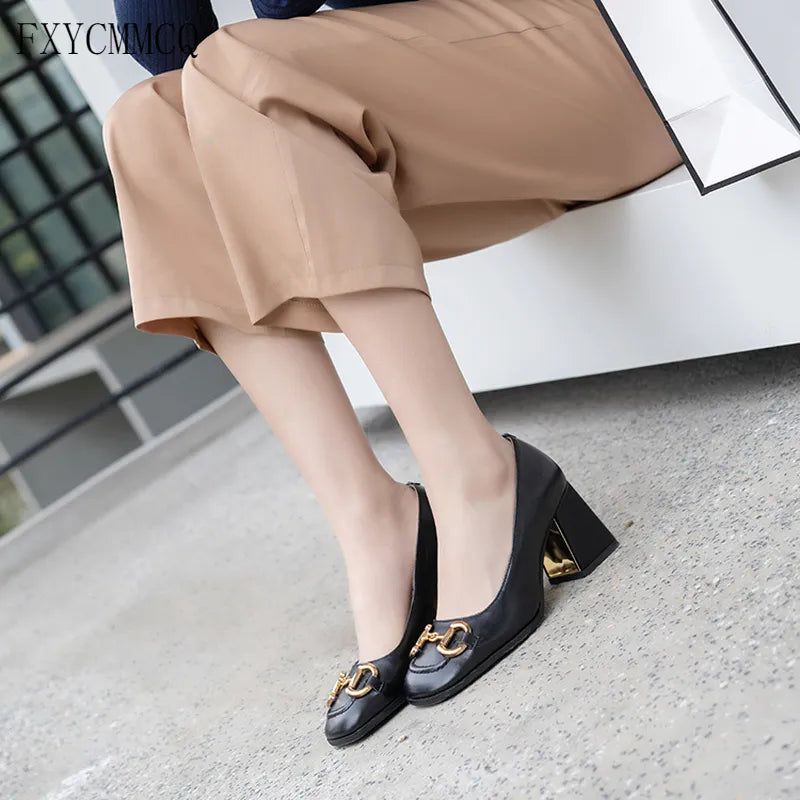 Ladies Horsebit Mid-heel Shoes 31-46 Size Leather Women's Shoes
