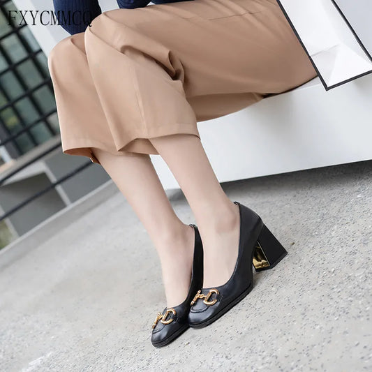 Ladies Horsebit Mid-heel Shoes 31-46 Size Leather Women's Shoes