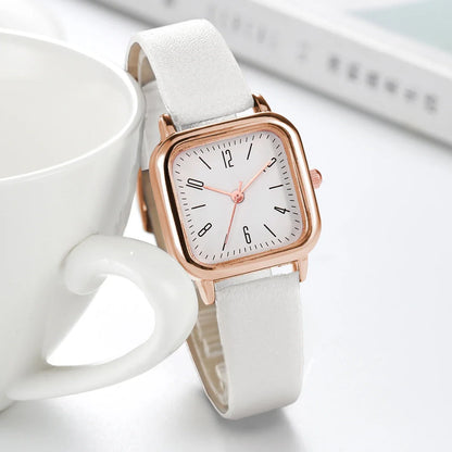 2PCS/Set Fashion Square Women Watches Casual Leather Strap Quartz Watch Rhinestone Bracelet Set