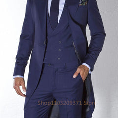 Navy Blue Long Tail Coat 3 Piece Gentleman Man Suits Male Fashion Groom Tuxedo