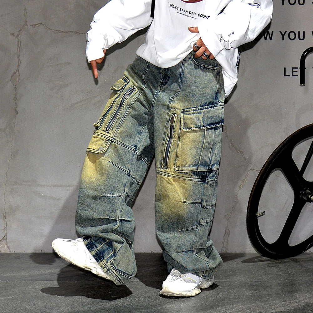 Denim Cargo Pants Mens Clothing Multi-Pocket Baggy Jeans Streetwear Hip Hop