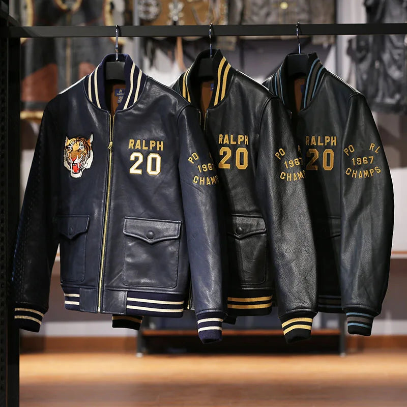 Men's stand collar real leather jacket baseball tiger embroidery vegetable