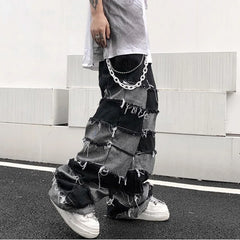 Tassel Jeans Men's Patchwork Wide Leg Lazy Style Hip Hop Loose Denim Pants