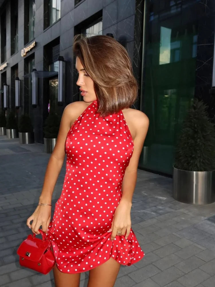 Polka Dot Printed Mini Halter Dress Backless Sleeveless A Line Short Robes Casual Party Vestidos 2025 New Slim Fit Lady Dresses