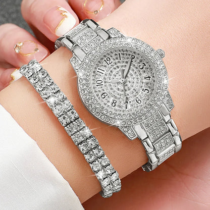 6PCS/Set Luxury Full Diamond Women Watches Fashion Ladies Quartz Wristwatch Jewelry Set Reloj Mujer（Without Box）