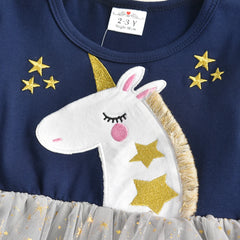 Kids Licorne Cartoon Appliqued Dress Girls Long Sleeve Autumn Winter