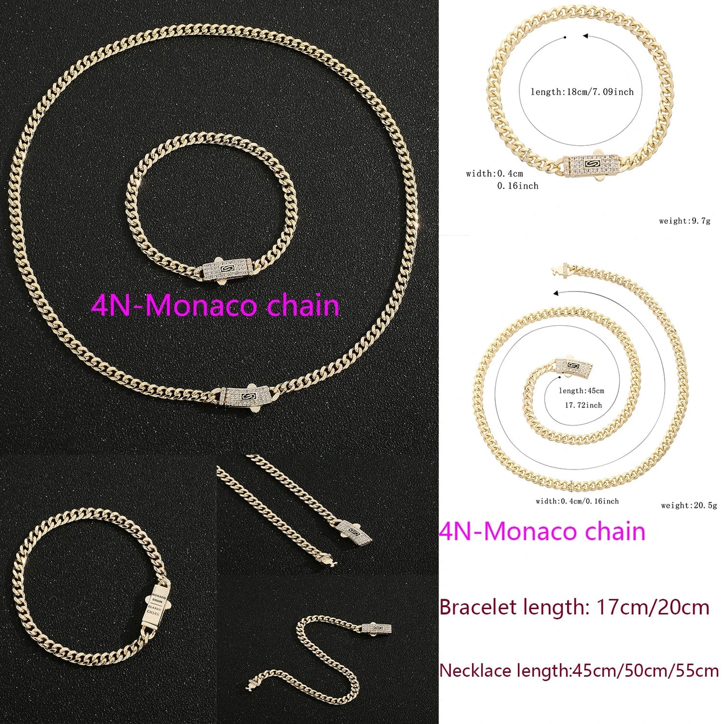 14K Monaco new chain for men and women, brass, cubic zirconia, fashionable Monaco bracelet for men and women