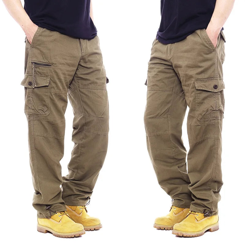 Men's Casual Cargo Pants Zipper Multi-Pocket Tactical Army Straight Loose Trousers