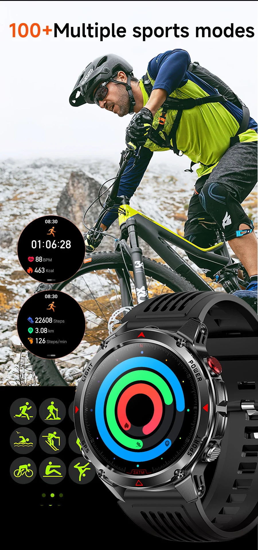 Outdoor Military Smart Watch Men Built-in GPS 1.46" AMOLED Compass