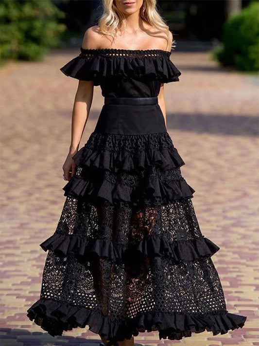 Elegant One-Shoulder Solid Ruffle Long Evening Dress Summer Fashion Sleeveless Swing Dress Classic Lace Hollow Party Dress