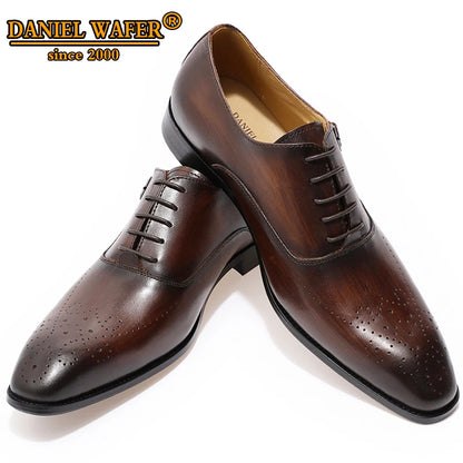Classic Men's Genuine Leather Oxford Shoes Buckle Lace-Up Office Dress Wedding Brogue Pointed Toe Business Formal Shoes for Men