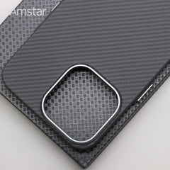 Amstar Magnetic 600D Carbon Fiber Case for iPhone 15 Pro Max 15 Pro Metal Button Aramid Fiber Cover Support Magsafe Charging