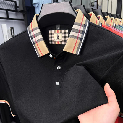 High end silky cotton breathable short sleeve polo shirt men's summer new trend plaid lapel designer brand casual golf T-shirt