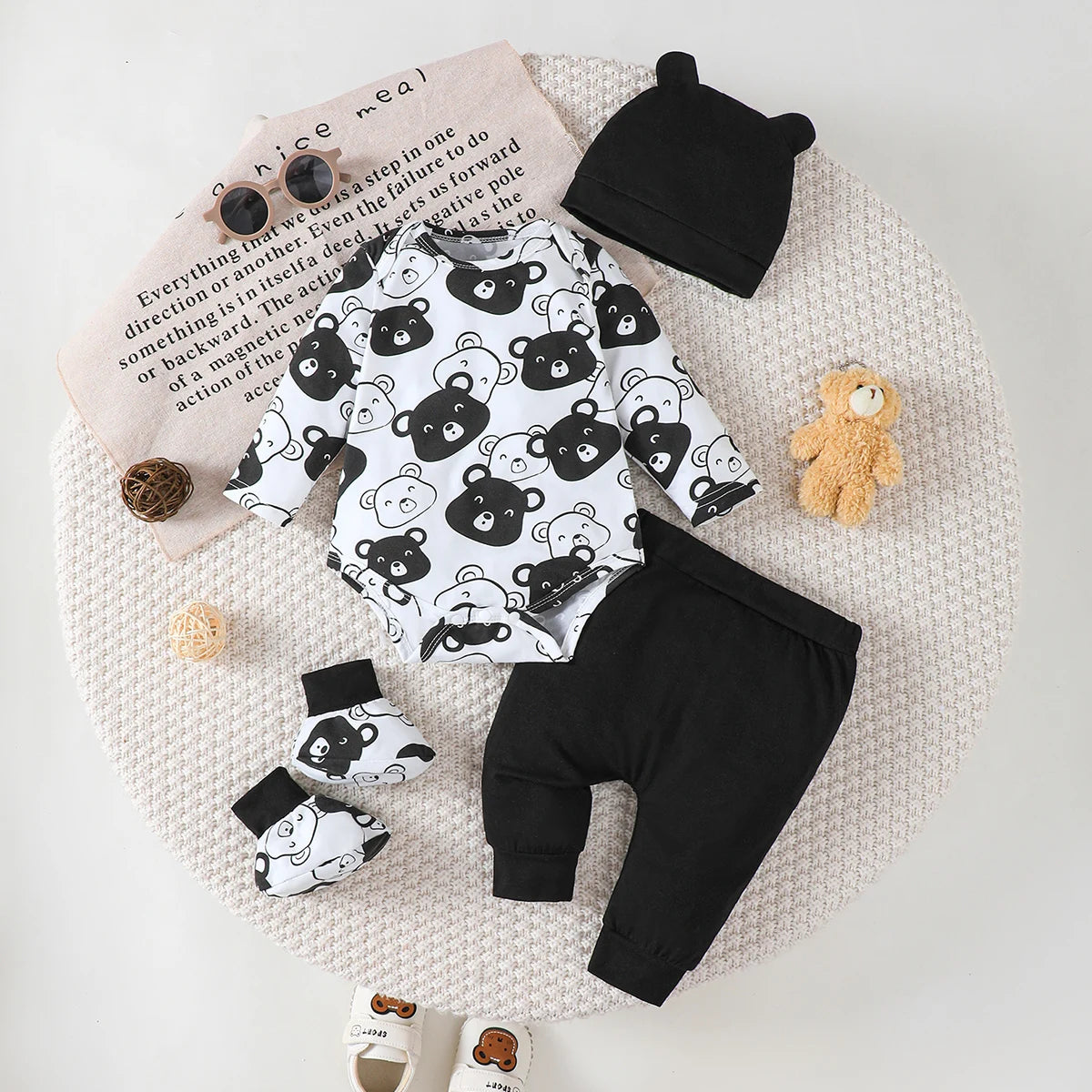 4 Colors 0-9 Months Newborn Baby Boy Autumn Clothing Set Bear Long Sleeve Bodysuit+Pants+Hat+Socks Cute Newborn Baby Gift Outfit