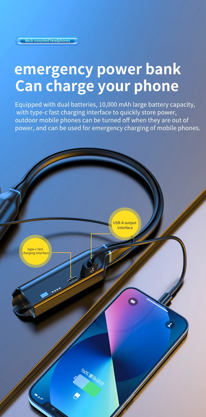 10000mAh 10000Hours Playback Wireless Bluetooth Earphones Magnetic Sports Running Headset Neckband Sport Earbuds Noise Reduction
