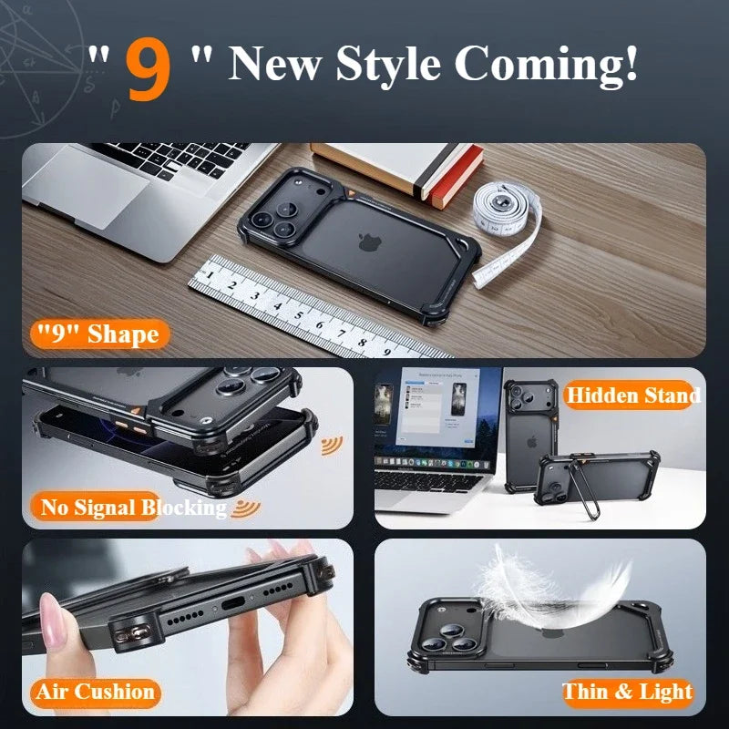 Eary 9-Shaped for iPhone 17 Pro Max 17 Pro Phone Case for Magsafe Wireless Charging With Lens Holder Stand Metal Frameless Shell