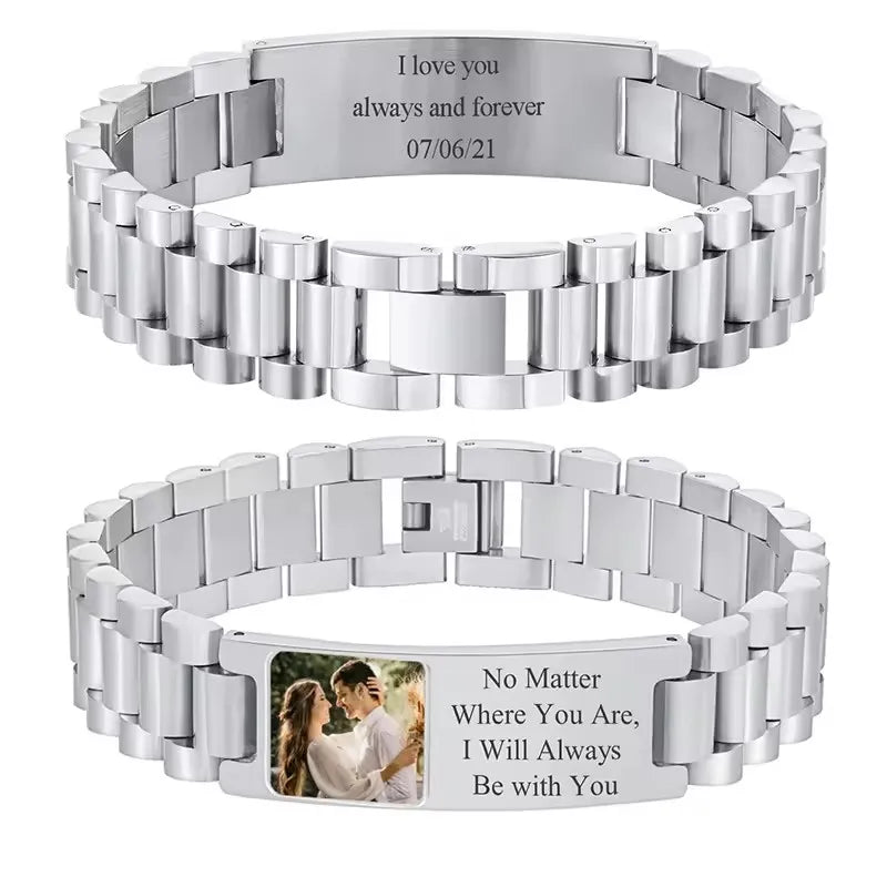Personalized Engravable Stainless Steel ID Bracelets for Men Custom Engrave Name Plate Identity ID Bar Bracelets for Him19-21CM