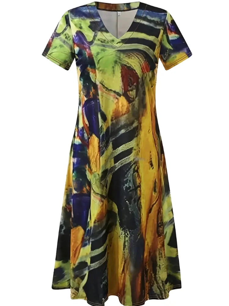 Plus Size 2023 Summer Loose Dress Women's Sexy V Neck Printed High Waist Evening Party Short Sleeve Dress