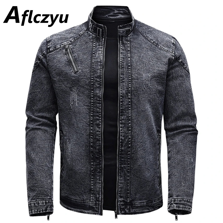 Black Denim Jacket Men Motorcycle Coat Autumn Winter Fleece Jackets