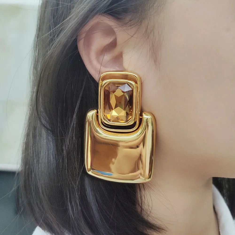 Vintage Exaggerated Metal Square Geometric Crystal Large Earrings for Women European American Personality Party Heavy Jewelry