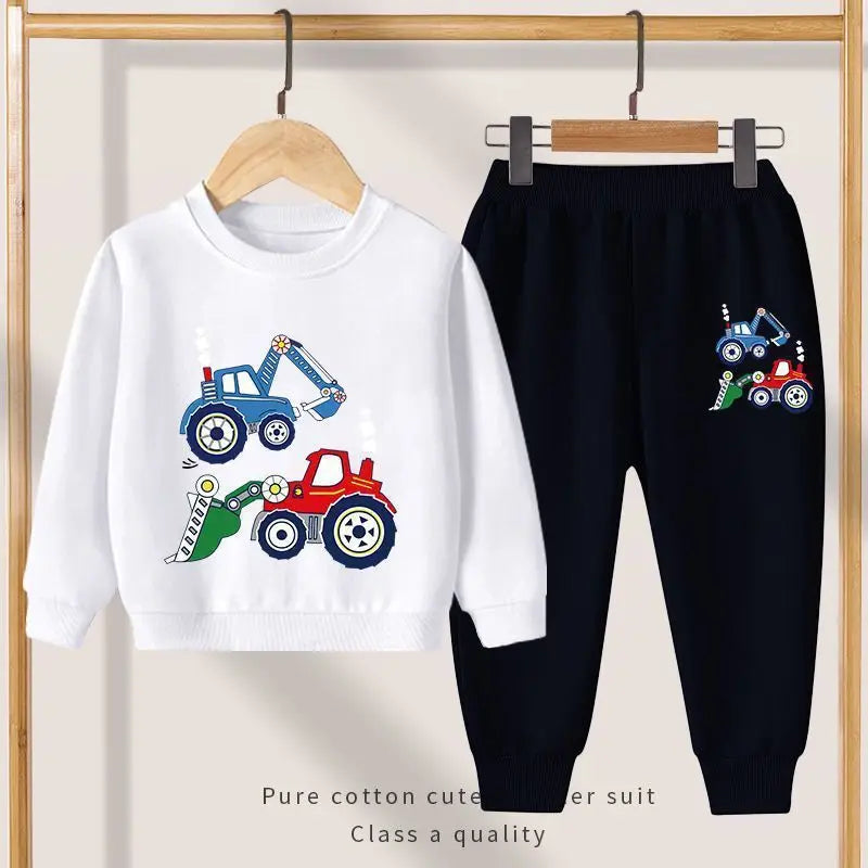 Autumn Boys Kids Clothing Sets Car Print Long Sleeved Loose Pullover Sweatshirts+Pocket Long Pants 2 Piece Children's Sweatsuits